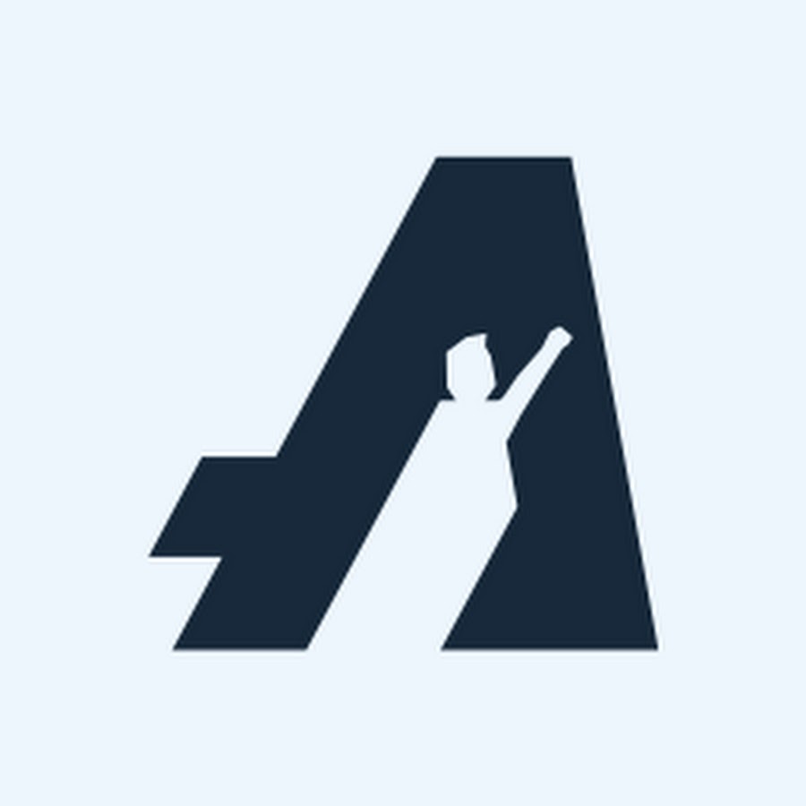 Dark blue stylized letter A with a white climber reaching upward inside it on a light blue background.